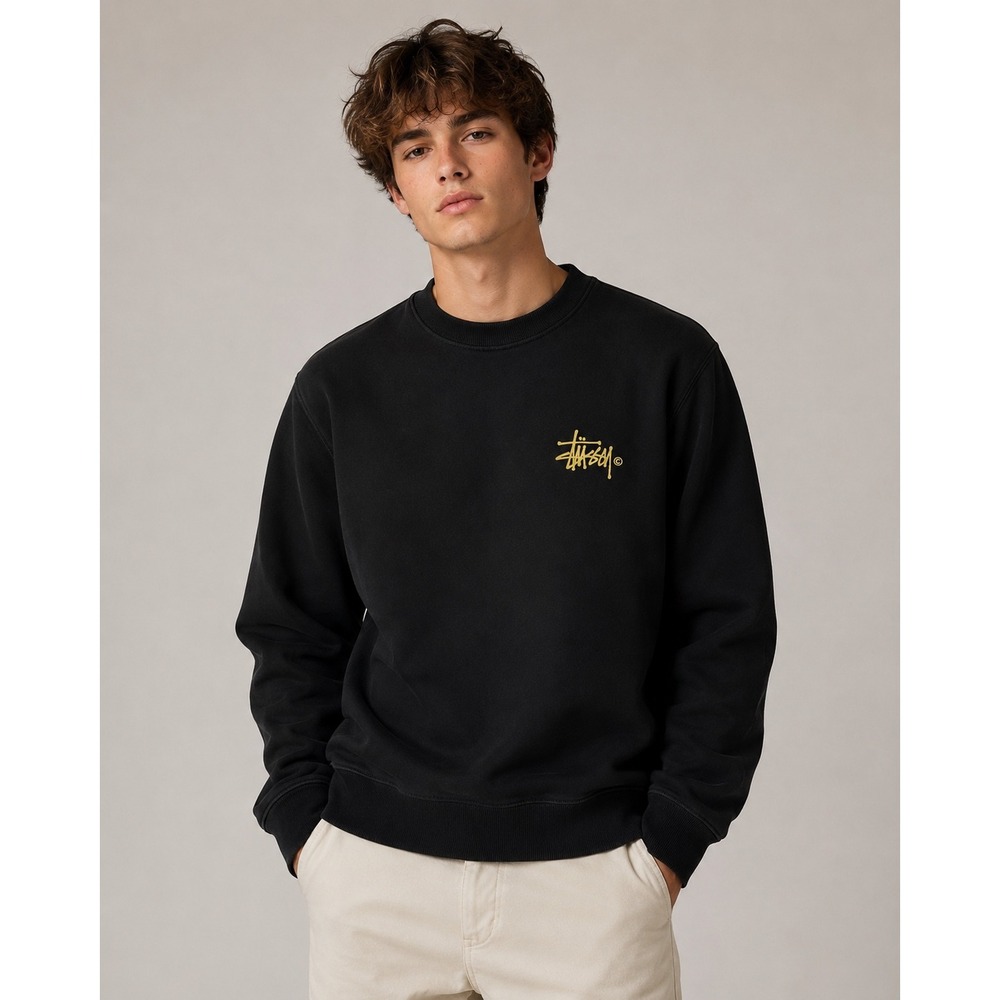 Stussy Crewneck Sweatshirt Mens Small Black Gold Logo Streetwear Pullover